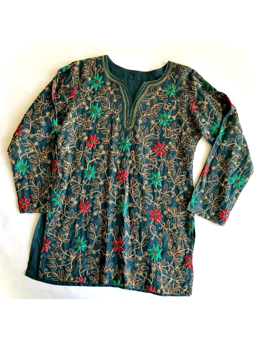 Handmade Floral Embroidered Linen Tunic Top Teal Boho Split V-Neck M 8 10